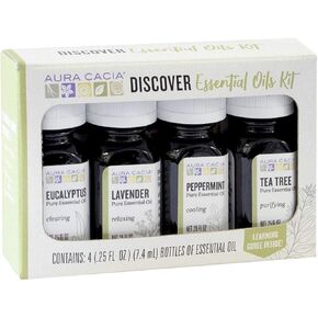 Aura Cacia Discover Essential Oils Kit, 4-Pack, Lavender, Eucalyptus, Peppermint & Tea Tree Oils, Excellent Starter Set