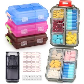 4 Pack Travel Pill Organizer Small Pill Case Pocket Pill Box Portable Medicine Organizer Box with Lables and Pill Cutter (Multi-Color) in Saudi Arabia