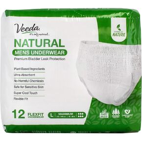 Veeda Natural Adult Incontinence Underwear for Men - Disposable Underwear for Bladder Leakage Protection - Adult Diapers for Men with Maximum Absorbency - Small/Medium Size - 14 Count