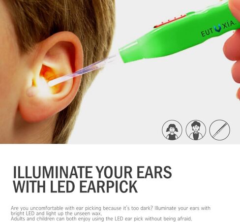 Eutuxia Ear Pick with LED Light. Earpick Earwax Cleaning & Removal Tool, Curette. Comes with 3 Sizes: Basic, Small, and Tweezers. Store Extra Extensions in the Rear. Better Accuracy & Precision. in Kuwait