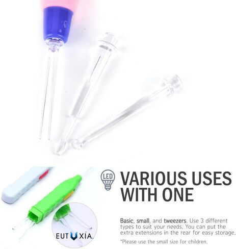 Eutuxia Ear Pick with LED Light. Earpick Earwax Cleaning & Removal Tool, Curette. Comes with 3 Sizes: Basic, Small, and Tweezers. Store Extra Extensions in the Rear. Better Accuracy & Precision. in Kuwait