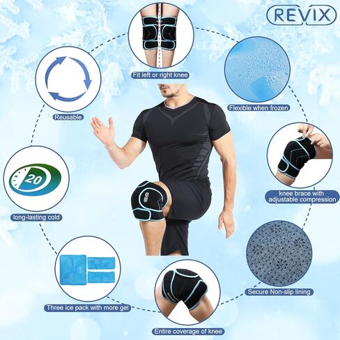 ريفكس عبوة ثلج لاصابات الركبة قابلة لاعادة الاستخدام مع دعامة ضغط باردة حول الركبة بالكامل للعضلات والغضروف المفصلي، 3 عبوات جل وحزام دعم من النيوبرين in Kuwait