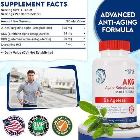 عمل الغدة الكظرية - مكمل AKG (ألفا كيتوجلوتارات) وإل أرجينين - 1000 مجم لكل قرص، كمية تكفي 90 يومًا - شيخوخة صحية من خلال الإصلاح الخلوي: عظام أقوى، شعر رمادي أقل، صحة أمعاء أفضل++ in Saudi Arabia
