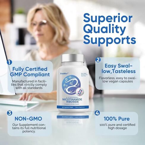 Zenlifer-2000MG Liposomal Nicotinamide Riboside ملحق، مع Trans-Pterostilbene والبيتين اللامائي (TMG) للحصول على أقصى قدر من الامتصاص، متفوق على NAD، وتعزيز NAD+، والطاقة الخلوية، والدفاع عن العمر in Kuwait