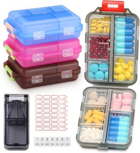 4 Pack Travel Pill Organizer Small Pill Case Pocket Pill Box Portable Medicine Organizer Box with Lables and Pill Cutter (Multi-Color) in Saudi Arabia