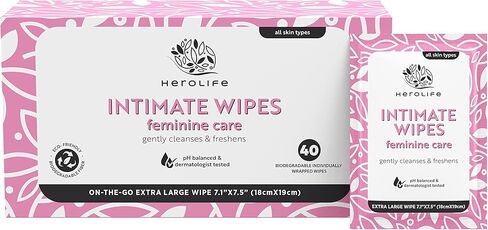 HEROLIFE مناديل مبللة للمنطقة الحميمة للعناية الأنثوية، نباتية، درجة حموضة متوازنة، قابلة للتحلل الحيوي، لا تسبب الحساسية، مكونة من مكونات مشتقة من النباتات (4 عبوات من 25 = 100 سمك، 7.1 بوصة × 7.5 بوصة مناديل مبللة كبيرة الحجم) in Kuwait