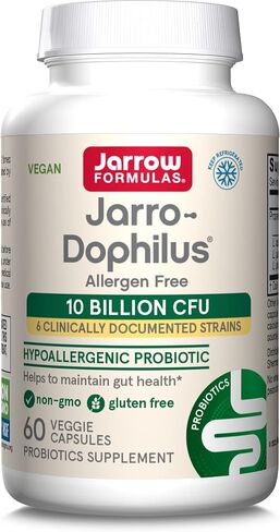 Jarrow Formulas Jarro-Dophilus خالي من مسببات الحساسية - 10 مليار CFU لكل وجبة - مكمل البروبيوتيك المعتمد المضاد للحساسية - خالي من منتجات الألبان والغلوتين - 60 كبسولة نباتية (قد تختلف التعبئة والتغليف) in Saudi Arabia