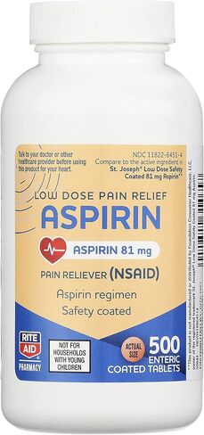 Rite Aid Aspirin Enteric Tablets, 81 mg Aspirin - 500 Count | Low Dose Pain Relief | Aspirin for Headache Relief | Enteric Safety Coated Tablets | Aspirin Regimen | Migraine Medicine | Pain Relief in Saudi Arabia