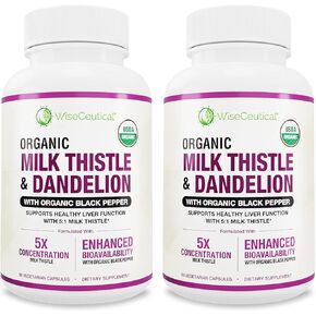 Max Absorption USDA Organic Milk Thistle Potent 5:1 Concentrated Extract (2000mg Strength) & Organic Dandelion Root | Silymarin Antioxidant Flavonoid | Liver Support Supplement (60 Count (Pack of 1))
