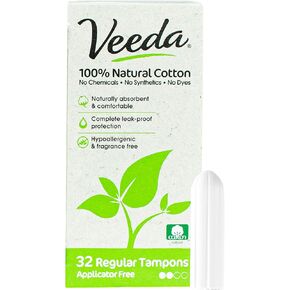 Veeda 100% Natural Cotton Applicator Free Regular Tampons, Unscented, 32 Count in Kuwait