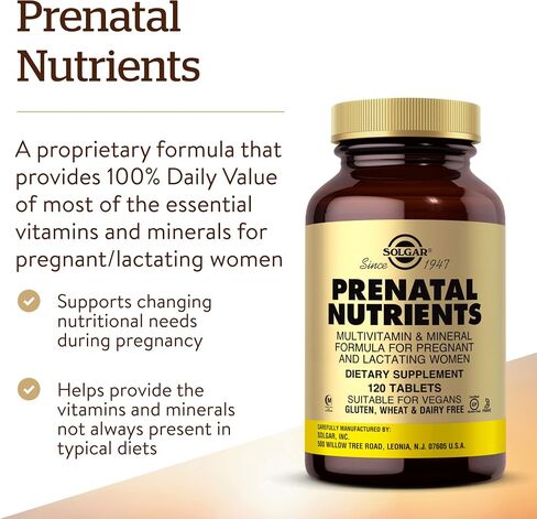 Solgar Prenatal Nutrients, 120 Tablets - Multivitamin & Mineral Formula for Pregnant & Lactating Women - Contains Zinc, Calcium Iron, Folic Acid, Vitamins C & E - Vegan, Gluten Free - 30 Servings in Saudi Arabia