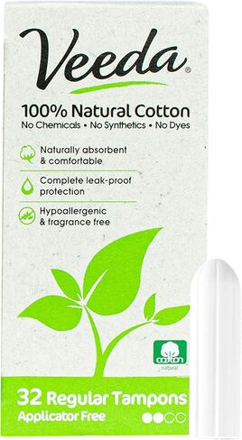Veeda 100% Natural Cotton Applicator Free Regular Tampons, Unscented, 32 Count in Kuwait