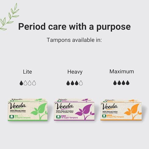 Veeda 100% Natural Cotton Applicator Free Regular Tampons, Unscented, 32 Count in Kuwait