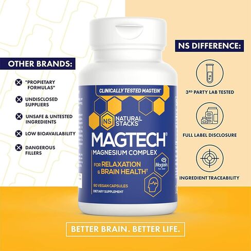 Natural Stacks MagTech Magnesium Supplement - Chelated Magnesium Complex - 3 Forms of Magnesium: Magtein Magnesium L-Threonate, Glycinate & Taurate - Supports Relaxation & Brain Health, 45 Capsules in Saudi Arabia