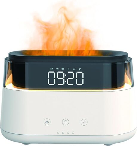 AROMAFLAME- Premium Aroma Diffuser with Fire Animated Dual Mist Aroma Diffusion | Multifunctional Modern Clock with Alarm | Classy Adjustable Night LED Light | Sleek Mood and Ambiance Enhancer in Kuwait