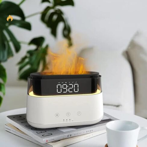AROMAFLAME- Premium Aroma Diffuser with Fire Animated Dual Mist Aroma Diffusion | Multifunctional Modern Clock with Alarm | Classy Adjustable Night LED Light | Sleek Mood and Ambiance Enhancer in Kuwait