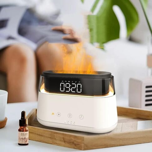 AROMAFLAME- Premium Aroma Diffuser with Fire Animated Dual Mist Aroma Diffusion | Multifunctional Modern Clock with Alarm | Classy Adjustable Night LED Light | Sleek Mood and Ambiance Enhancer in Kuwait