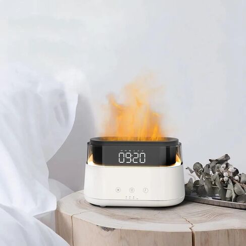 AROMAFLAME- Premium Aroma Diffuser with Fire Animated Dual Mist Aroma Diffusion | Multifunctional Modern Clock with Alarm | Classy Adjustable Night LED Light | Sleek Mood and Ambiance Enhancer in Kuwait