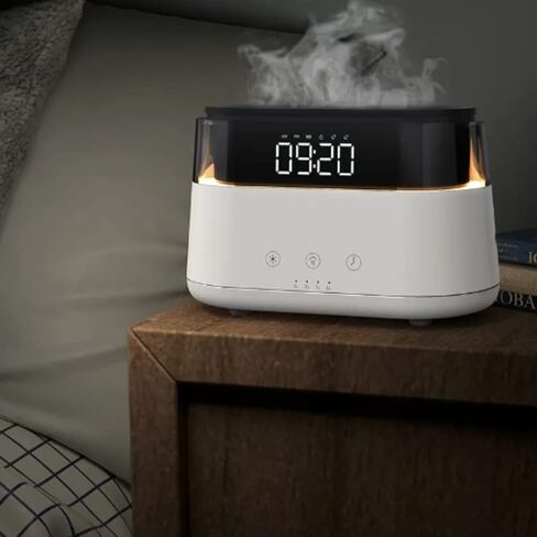 AROMAFLAME- Premium Aroma Diffuser with Fire Animated Dual Mist Aroma Diffusion | Multifunctional Modern Clock with Alarm | Classy Adjustable Night LED Light | Sleek Mood and Ambiance Enhancer in Kuwait