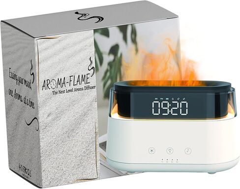 AROMAFLAME- Premium Aroma Diffuser with Fire Animated Dual Mist Aroma Diffusion | Multifunctional Modern Clock with Alarm | Classy Adjustable Night LED Light | Sleek Mood and Ambiance Enhancer in Kuwait