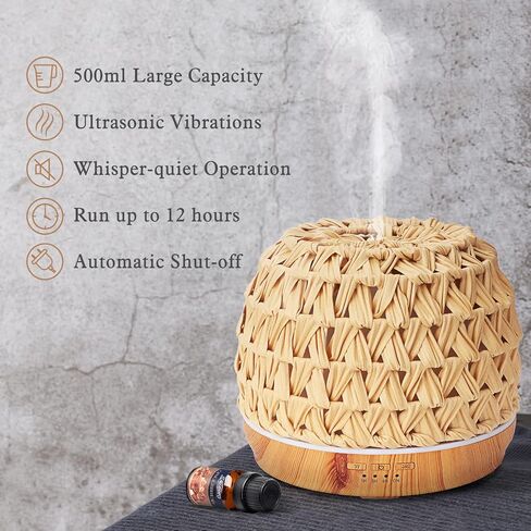 500ml Essential Oil Diffuser, Woven Rattan Diffusers for Essential Oils, Aromatherapy Diffuser for Large Room, Gift for Women in Kuwait