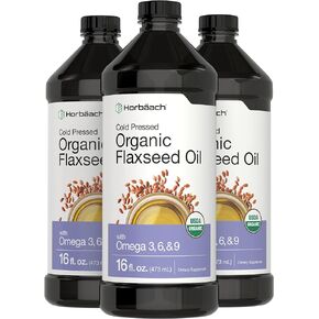 Organic Flaxseed Oil | 3 Pack | 16 fl oz Each | Cold Pressed | with Omega 3, 6, 9 | Vegetarian, Non-GMO, Gluten Free Liquid | by Horbaach in Kuwait