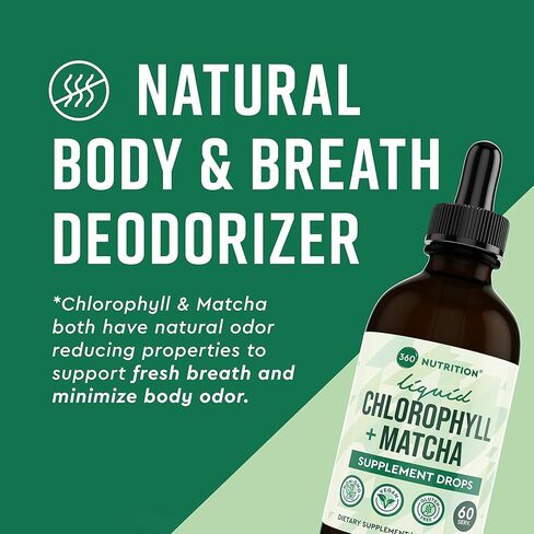360 Nutrition Matcha Chlorophyll Liquid Drops with L-Theanine, Gluten Free & Vegan Internal Deodorant Supplement, Supports Gut Health, Digestion, Energy, Radiant Skin, Fast Absorption, 60 Servings in Kuwait