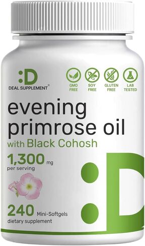 فيتامينات إيجلشاين زيت زهرة الربيع المسائية 1300 مجم | 240 كبسولة هلامية صغيرة، بمستخلص الكوهوش الأسود، دعم 2 في 1 | معصور على البارد، يحتفظ بنسبة 10% من GLA (حمض جاما لينولينيك)، غير معدّل وراثيًا in Kuwait