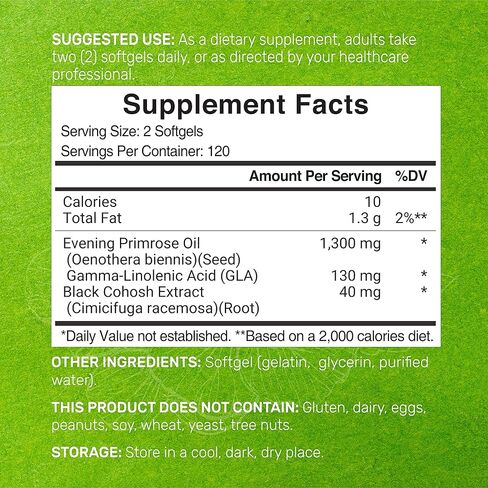 فيتامينات إيجلشاين زيت زهرة الربيع المسائية 1300 مجم | 240 كبسولة هلامية صغيرة، بمستخلص الكوهوش الأسود، دعم 2 في 1 | معصور على البارد، يحتفظ بنسبة 10% من GLA (حمض جاما لينولينيك)، غير معدّل وراثيًا in Kuwait