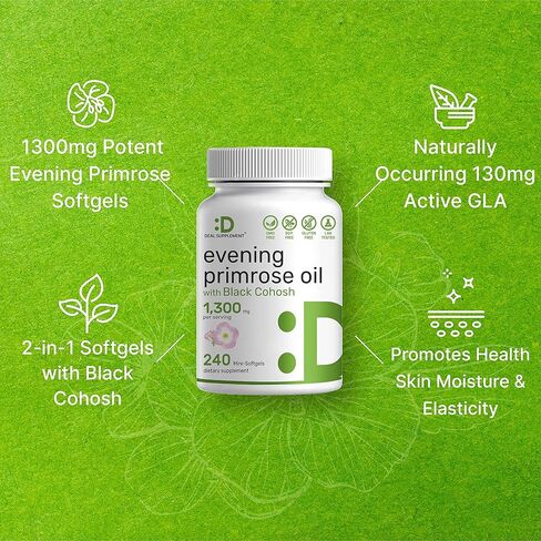 فيتامينات إيجلشاين زيت زهرة الربيع المسائية 1300 مجم | 240 كبسولة هلامية صغيرة، بمستخلص الكوهوش الأسود، دعم 2 في 1 | معصور على البارد، يحتفظ بنسبة 10% من GLA (حمض جاما لينولينيك)، غير معدّل وراثيًا in Kuwait