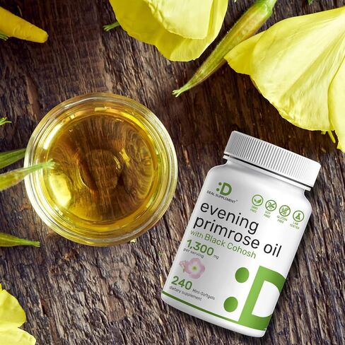 فيتامينات إيجلشاين زيت زهرة الربيع المسائية 1300 مجم | 240 كبسولة هلامية صغيرة، بمستخلص الكوهوش الأسود، دعم 2 في 1 | معصور على البارد، يحتفظ بنسبة 10% من GLA (حمض جاما لينولينيك)، غير معدّل وراثيًا in Kuwait