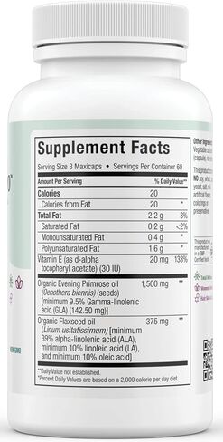 Organic Evening Primrose Oil Capsules 1500mg - EPO Gamma Linolenic Acid Supplement - Hormone Balance for Women - PMS & Hot Flashes Menopause Relief - GLA Hormonal Acne Supplements, 90 Count in Kuwait