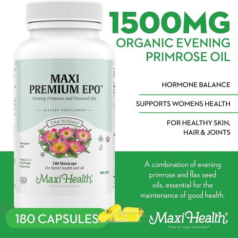 Organic Evening Primrose Oil Capsules 1500mg - EPO Gamma Linolenic Acid Supplement - Hormone Balance for Women - PMS & Hot Flashes Menopause Relief - GLA Hormonal Acne Supplements, 90 Count in Kuwait