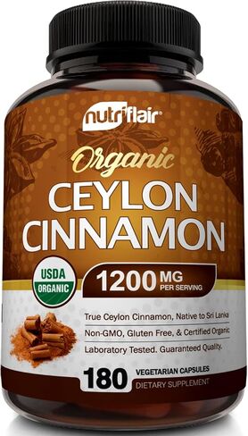 مكمل قرفة سيلان عضوي من NutriFlair 1200 مجم، 120 كبسولة - قرفة عضوية معتمدة من وزارة الزراعة الأمريكية - مسحوق قرفة خالي من الغلوتين وغير معدل وراثيًا وحبوب القرفة المضادة للأكسدة - يدعم استقلاب الجلوكوز in Kuwait