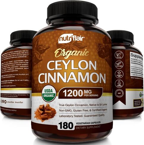 مكمل قرفة سيلان عضوي من NutriFlair 1200 مجم، 120 كبسولة - قرفة عضوية معتمدة من وزارة الزراعة الأمريكية - مسحوق قرفة خالي من الغلوتين وغير معدل وراثيًا وحبوب القرفة المضادة للأكسدة - يدعم استقلاب الجلوكوز in Kuwait