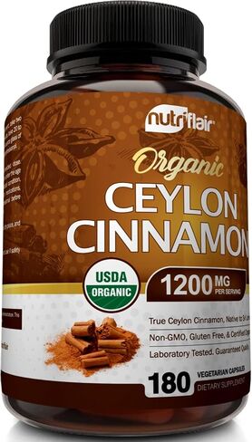 مكمل قرفة سيلان عضوي من NutriFlair 1200 مجم، 120 كبسولة - قرفة عضوية معتمدة من وزارة الزراعة الأمريكية - مسحوق قرفة خالي من الغلوتين وغير معدل وراثيًا وحبوب القرفة المضادة للأكسدة - يدعم استقلاب الجلوكوز in Kuwait