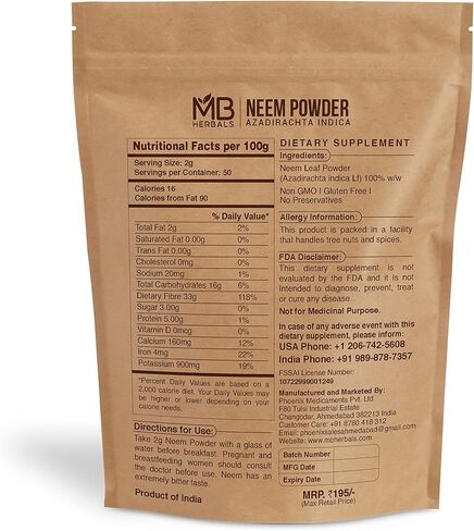 MB Herbals Pure Neem Leaf Powder 100 Gram / 3.5 oz | Azadirachta Indica | Wildcrafted Bitter Neem Supplement Skin Hair & Detox - Packaging May Vary in Saudi Arabia