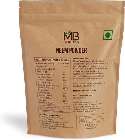MB Herbals Pure Neem Leaf Powder 100 Gram / 3.5 oz | Azadirachta Indica | Wildcrafted Bitter Neem Supplement Skin Hair & Detox - Packaging May Vary in Saudi Arabia