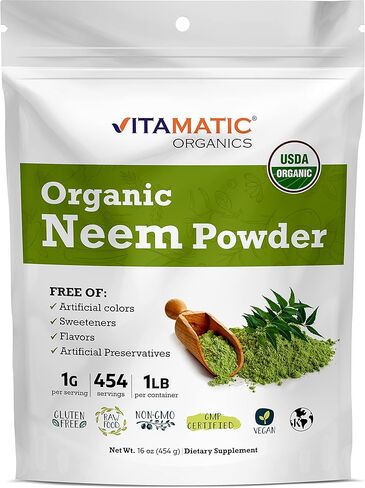 مسحوق أوراق النيم العضوي المعتمد من وزارة الزراعة الأمريكية من Vitamatic، 1 رطل (16 أونصة) in Kuwait