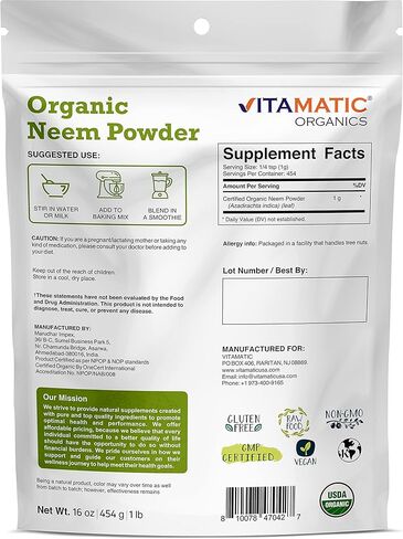 مسحوق أوراق النيم العضوي المعتمد من وزارة الزراعة الأمريكية من Vitamatic، 1 رطل (16 أونصة) in Kuwait