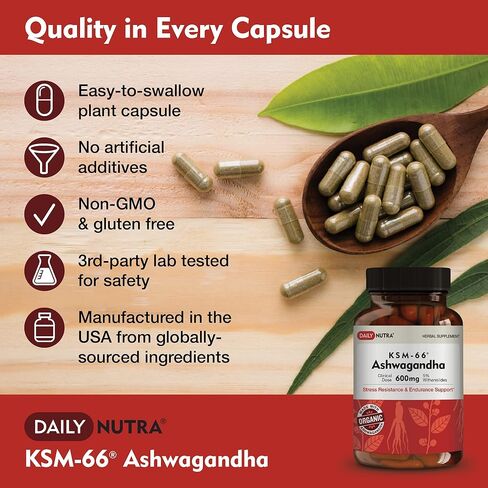 DailyNutra KSM-66 Ashwagandha 600mg Organic Root Extract - High Potency Supplement with 5% Withanolides | Supports Relaxation, Focus, & Energy (90 Capsules) in Kuwait
