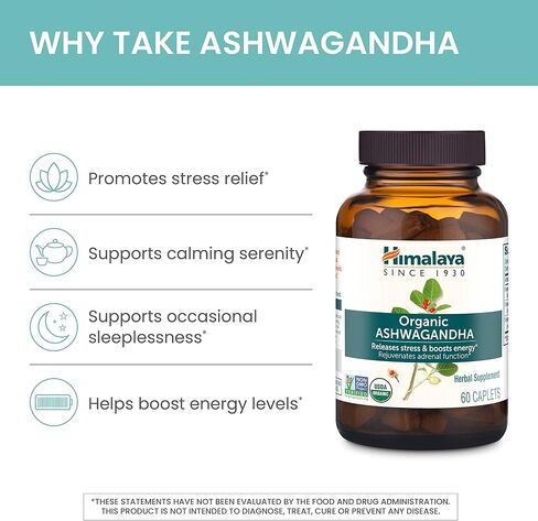 Himalaya Organic Ashwagandha, 120 Day Supply, Herbal Supplement for Stress Relief, Energy Support, Occasional Sleeplessness, USDA Organic, Non-GMO, Vegan, Gluten Free, 670 mg, 60 Caplets, 2 Pack in Saudi Arabia