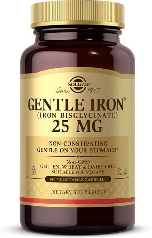 Solgar Gentle Iron - مثالي للمعدة الحساسة، مكمل لخلايا الدم الحمراء، غير مسبب للإمساك والكائنات المعدلة وراثيًا، نباتي، خالي من الغلوتين ومنتجات الألبان، كوشير - 180 وجبة، بدون نكهة، 180 قطعة in Kuwait