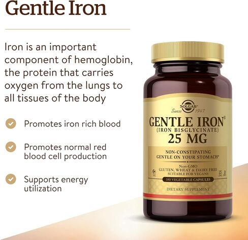 Solgar Gentle Iron - مثالي للمعدة الحساسة، مكمل لخلايا الدم الحمراء، غير مسبب للإمساك والكائنات المعدلة وراثيًا، نباتي، خالي من الغلوتين ومنتجات الألبان، كوشير - 180 وجبة، بدون نكهة، 180 قطعة in Kuwait
