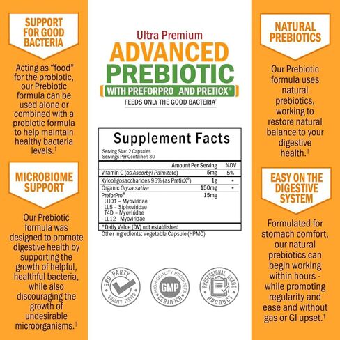 البريبايوتكس لصحة الأمعاء المتقدمة - دعم الجهاز المناعي والألياف الغذائية - يغذي نمو البكتيريا الجيدة لتعزيز صحة الجهاز الهضمي - دعم الغاز والهضم - البروبيوتيك للرجال والنساء - 60 كبسولة in Kuwait