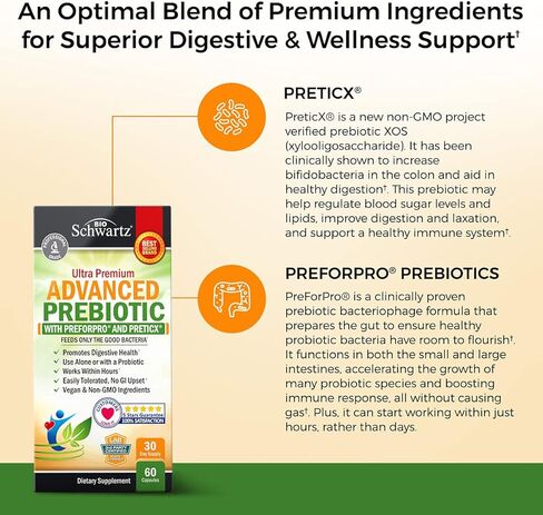 البريبايوتكس لصحة الأمعاء المتقدمة - دعم الجهاز المناعي والألياف الغذائية - يغذي نمو البكتيريا الجيدة لتعزيز صحة الجهاز الهضمي - دعم الغاز والهضم - البروبيوتيك للرجال والنساء - 60 كبسولة in Kuwait
