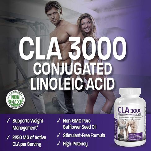 برونسون CLA 3000 قوة عالية للغاية تدعم التحكم الصحي في الوزن، كتلة العضلات الهزيلة، حمض اللينوليك المترافق غير المحفز، 120 كبسولة هلامية in Saudi Arabia
