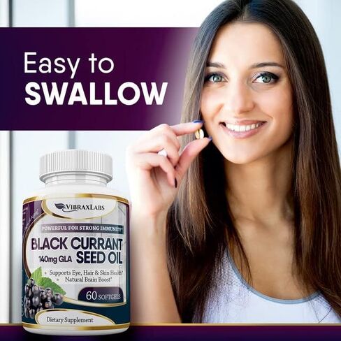 زيت الكشمش الأسود من فيبراكسلابس 1000 مجم - خالٍ من الهكسان - مضاد أكسدة طبيعي مضاد للشيخوخة مع تركيبة GLA عالية - يدعم صحة الشعر والبشرة والمفاصل والعين - مكمل هلامي ناعم ممتاز من زيت بذور الكشمش الأسود in Kuwait