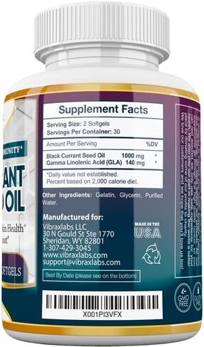 زيت الكشمش الأسود من فيبراكسلابس 1000 مجم - خالٍ من الهكسان - مضاد أكسدة طبيعي مضاد للشيخوخة مع تركيبة GLA عالية - يدعم صحة الشعر والبشرة والمفاصل والعين - مكمل هلامي ناعم ممتاز من زيت بذور الكشمش الأسود in Kuwait