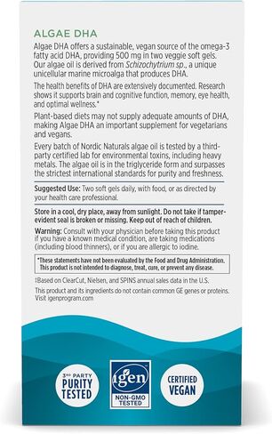 Nordic Naturals Algae DHA - 60 Soft Gels - 500 mg Omega-3 DHA - Certified Vegan Algae Oil - Plant-Based DHA - Brain, Eye & Nervous System Support - Non-GMO - 30 Servings in Saudi Arabia